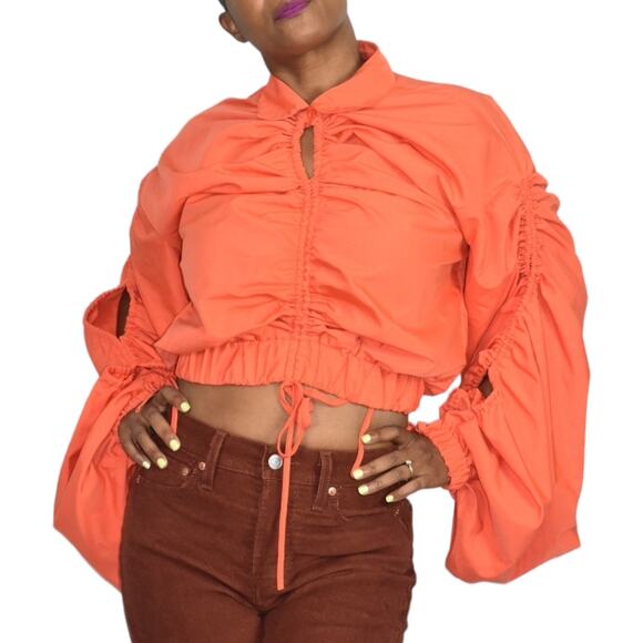 Love Highlight Bubble Sleeve Top Orange Blouse Ruched Cropped Slouchy Size Small - Picture 8 of 15